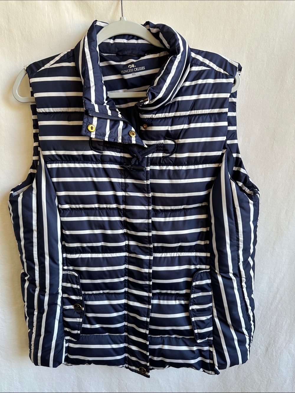 Princess Cruises navy and white striped nautical puffer vest, size XL